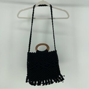 Danielle Nicole Black Macrame Boho Shoulder Bag, Wooden Handles